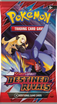 Czerwony booster Pokemon TCG Scarlet & Violet Destined Rivals z Garchompem i Cynthią, 10 kart, widok z przodu.
