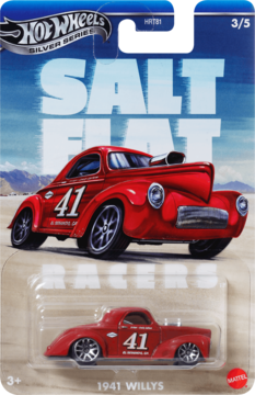Hot Wheels 1941 Willys Silver Series, czerwony samochód w blistrze 'Salt Flat Racers', z numerem 41.