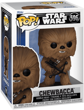 Funko Pop! Star Wars Chewbacca nr 596. Brązowa, futrzana figurka bobble-head z kuszą, w opakowaniu z oknem.