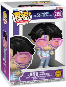 Funko Pop! JINU WITH PATTERNS z K-POP Demon Hunters w pudełku, figurka ma czarne włosy, różowe okulary i kratę.