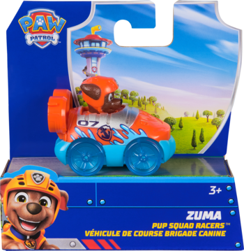 PAW Patrol Zuma Pup Squad Racer w blistrze. Pomarańczowo-niebieski pojazd z figurką Zuma, półprzezroczyste, niebieskie koła.
