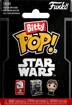 Frontalne ujęcie czarnego opakowania Bitty Pop! Star Wars Mystery Mini Figure z logo i trzema figurkami.