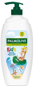 Palmolive Kids żel do mycia ciała i włosów, z pompką, o zapachu wanilii, z wizerunkiem żyrafy.