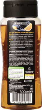 Tył żelu pod prysznic Isana Men Energy 5w1 300ml, widoczna czarna etykieta ze składnikami i instrukcjami.