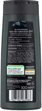 Tył żelu pod prysznic Isana Men Carbon Boost 3w1, czarna butelka z etykietą, składem, kodem kreskowym i info o recyklingu.