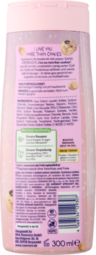 Tył różowego żelu pod prysznic Isana 300 ml 'Love You More Than Cookies', z listą składników.