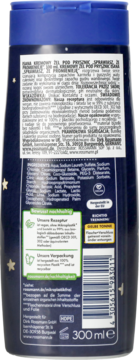 Tył niebieskiego kremowego żelu pod prysznic Isana z gwiazdkami, widoczna lista składników i opis produktu, 300 ml.