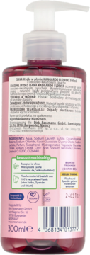 Tył różowego mydła do rąk Kangaroo Flower w płynie 300ml z etykietą składników i certyfikatami.