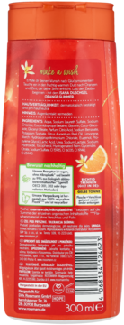 Tył pomarańczowego żelu pod prysznic 'make a wish Orange Glimmer' 300 ml. Widoczna lista składników, zielony panel eko.