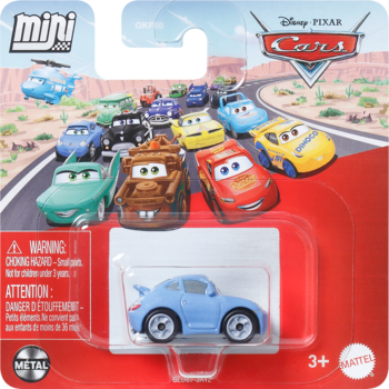 Mini figurka kolekcjonerska Disney Pixar Cars: jasnoniebieski samochodzik w blistrze, na tle innych autek z bajki.