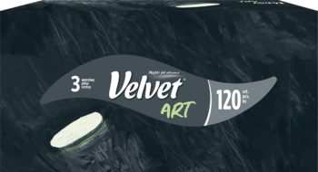 Pudełko chusteczek Velvet Art 3-warstwowych, 120 sztuk, z logo w kształcie fali na ciemnym tle, z widocznym białym listkiem.