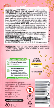 ISANA Sól do kąpieli Sweet Treats: tył różowego opakowania 80g z instrukcją, składem i kodem kreskowym.