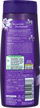 Tył fioletowego żelu pod prysznic Isana Midnight Blossom 300 ml ze składem i grafiką kwiatów lilii.