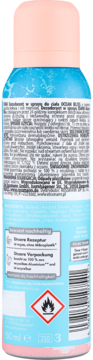 Tył dezodorantu w sprayu 24h Ocean Blue 150ml. Jasnoniebieska butelka z tekstem o wegańskiej formule i recyklingu.