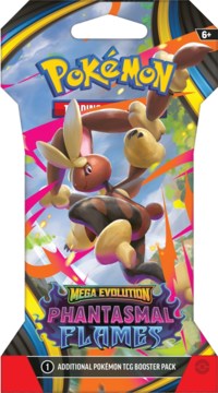 Booster kart Pokémon TCG Mega Evolution Phantasmal Flames z brązowym Pokémonem i efektami ognia, widok z przodu.