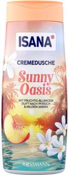 ISANA Sunny Oasis żel pod prysznic, brzoskwinia i jaśmin. Butelka z tropikalnym zachodem słońca i kwiatami.