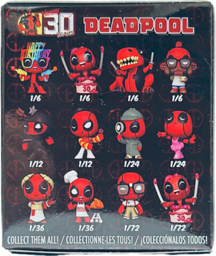 Czarna skrzynka Funko Mystery Minis Deadpool, przód. Pokazuje 12 unikalnych figurek do zebrania i ich rzadkość.