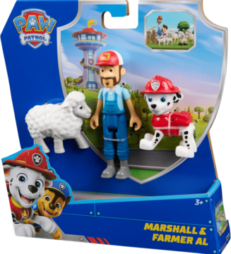 Paw Patrol zestaw figurek: Marshall strażak, Farmer Al i owca, w opakowaniu z logo, widok z przodu.