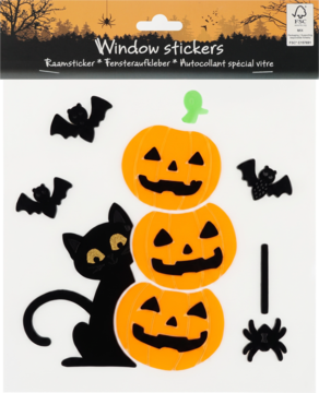 Naklejki na okno Halloween: czarny kot, trzy dynie, nietoperze i pająk na białym tle, widok z przodu opakowania.