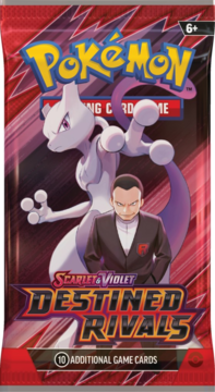 Czerwony booster Pokemon TCG Scarlet & Violet Destined Rivals, Mewtwo i Giovanni, 10 dodatkowych kart.