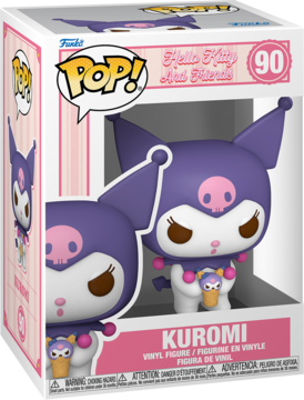 Figurka Funko Pop! Kuromi #90, fioletowo-biała postać z Hello Kitty And Friends, w oryginalnym pudełku, widok z przodu.