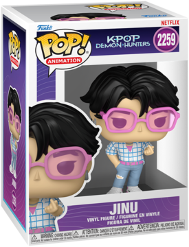 Funko Pop JINU K-Pop Demon Hunters w opakowaniu, postać w różowych okularach, koszuli w kratę i dżinsach.