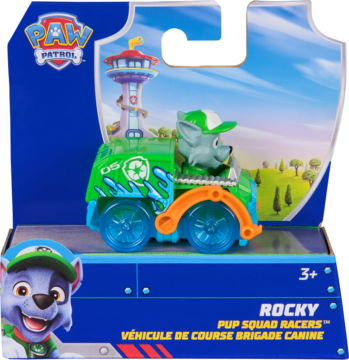 Zielony Paw Patrol Pup Squad Splash Racer Rocky z przezroczystymi kołami, w opakowaniu, widok z przodu.