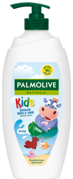 Palmolive Naturals Kids żel pod prysznic 3w1, biała butelka z zieloną pompką, hippo na etykiecie.