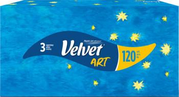 Niebieskie pudełko chusteczek Velvet Art z żółtymi gwiazdkami, napisem 3-PLY i 120 chusteczek, widok z przodu.