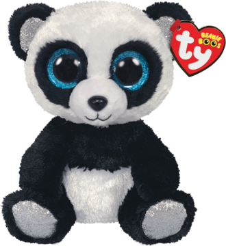 Siedząca pluszowa panda Ty Beanie Boos, biało-czarna, z brokatowymi niebieskimi oczami i czerwoną metką.