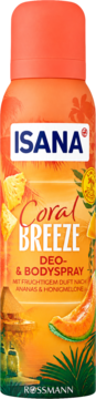 Dezodorant ISANA Coral Breeze, 24h, pomarańczowy spray z ananasem i melonem, widok z przodu.