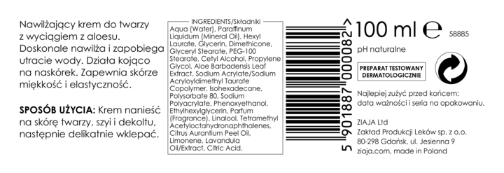ZIAJA, Aloes , krem do twarzy, nawilajcy, 100 ml | Drogeria Rossmann.pl