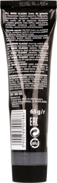 Tył czarnej tubki kremu do golenia Wars Classic 65g, widoczne etykiety z opisem i kodem kreskowym.