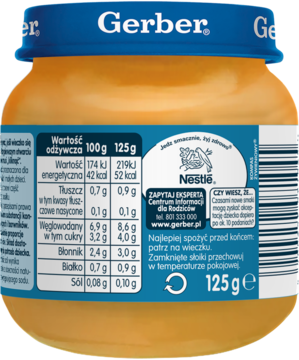 Gerber Zupka jarzynowa po 4. miesiącu, tył słoiczka z tabelą wartości odżywczych i logo Nestlé.