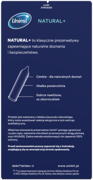 Unimil NATURAL+ klasyczne prezerwatywy. Ciemnoniebieskie opakowanie z białym tekstem i grafiką kondomu. Widok z przodu.