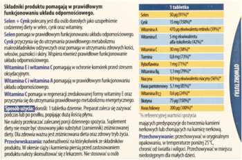 Tabela ze składem i dawkowaniem suplementu Selen+Cynk z witaminami, obok niebieskiego opakowania.