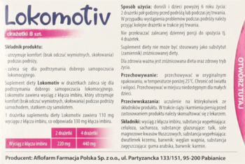 Lokomotiv, biało-różowe opakowanie suplementu na złe samopoczucie w podróży z imbirem, widok z przodu.
