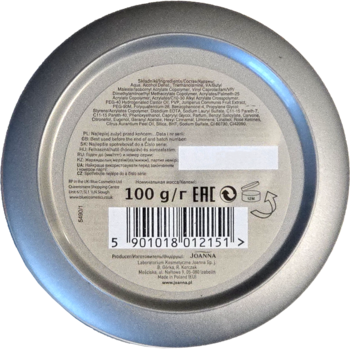 Spód srebrnego opakowania gumy stylizującej Styling effect 100g, z kodem kreskowym, tekstem i symbolem EAC.