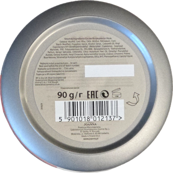 Tył srebrnego, okrągłego opakowania pasty modelującej Joanna Styling Effect z kodem EAN i informacjami.