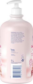 Duża różowa butelka Family Fresh Delikatność z pompką, tył z listą składników i kodem kreskowym.