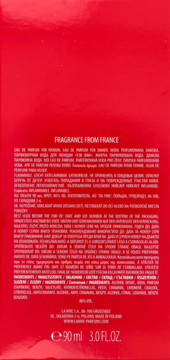 Tył czerwonego opakowania wody perfumowanej La Rive Have Fun 90ml, z opisem i składnikami.