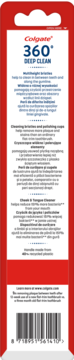 Tył opakowania szczoteczki Colgate 360 Deep Clean, czerwono-białe, z cechami i info o rączce z recyklingu.