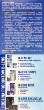 Niebieski plakat B-LENS z instrukcjami użycia i ofertą produktów do oczu i soczewek.