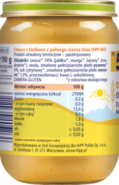 Tył słoiczka Hipp BIO Owoce z kleikiem, żółta etykieta szczegółowo prezentująca skład i tabelę wartości odżywczych.