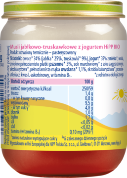 Tył słoiczka Hipp BIO Musli jabłkowo-truskawkowe z jogurtem. Biało-żółta etykieta ze składem i danymi żywieniowymi.