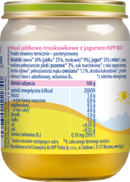 Tył słoiczka HiPP BIO Musli jabłkowo-truskawkowe z jogurtem z listą składników i wartości odżywczych.