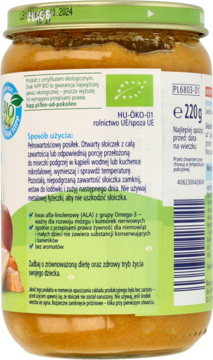Tył słoiczka z organicznymi jarzynkami i kurczakiem dla niemowląt, z zieloną etykietą, opisem użycia i info o Omega-3.