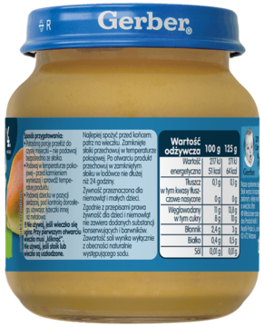 Tył szklanego słoiczka Gerber Przecier gruszkowy dla niemowląt z witaminą C, widoczna etykieta z wartościami odżywczymi.
