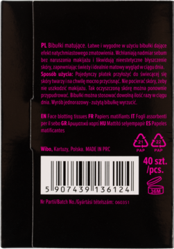 Tył czarnego opakowania bibułek matujących Wibo 40 szt., z opisami w kilku językach i kodem kreskowym.