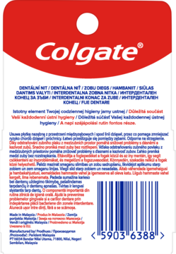 Tył opakowania nici dentystycznej Colgate Total Pro Gum Health, biało-czerwony, z kodem kreskowym.